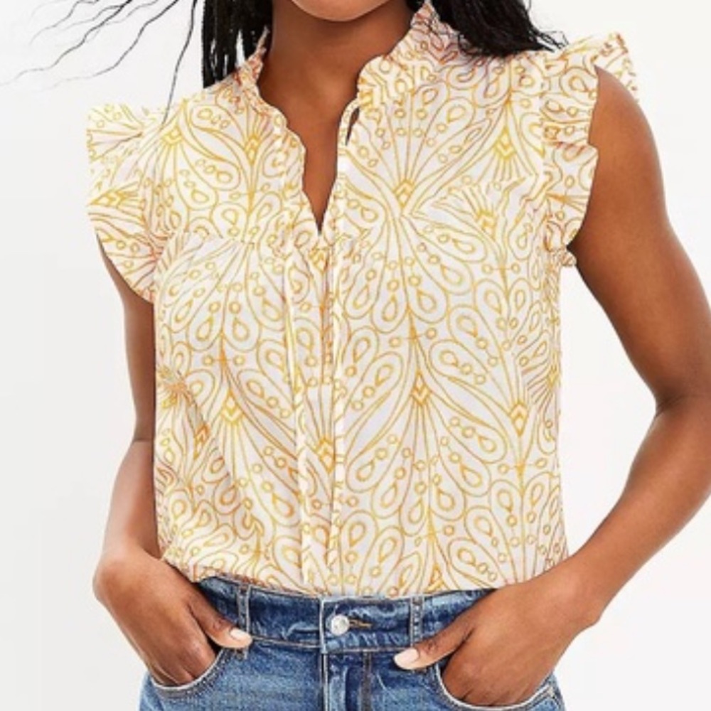 Loft yellow embroidered floral sleeveless keyhole top